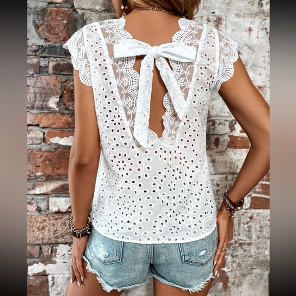 White eyelet Floral Sheer Lace Back Tie Top Blouse Shirt Boho - Picture 2 of 7